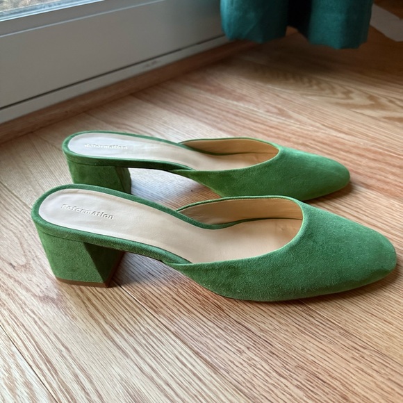 Reformation Shoes - Reformation Green Suede Mules Chunky Heel 2.5 Inch Size 11